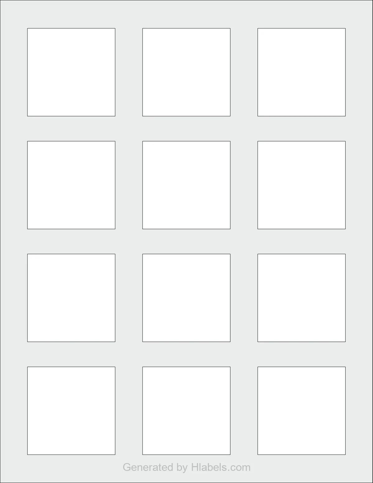 OnlineLabels® OL2679 template with 12 square 2 x 2 inch labels per sheet, on Letter-size adhesive blank label sheets.