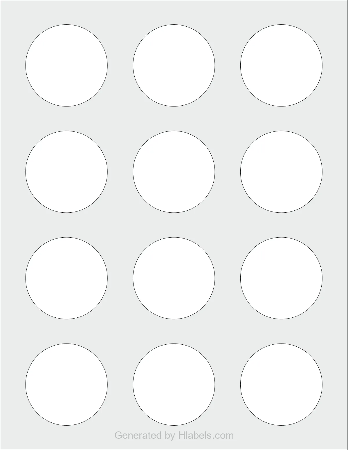OnlineLabels® OL2682 template with 12 circle labels per sheet, each 2 inch in diameter, on Letter-size adhesive blank label sheets.