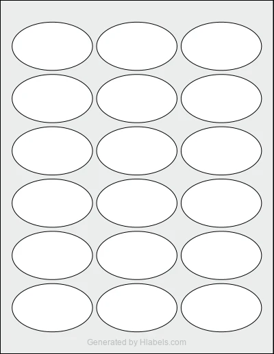 OnlineLabels® OL2684 template with 18 oval 2.5 x 1.5 inch labels per sheet, on Letter-size adhesive blank label sheets.