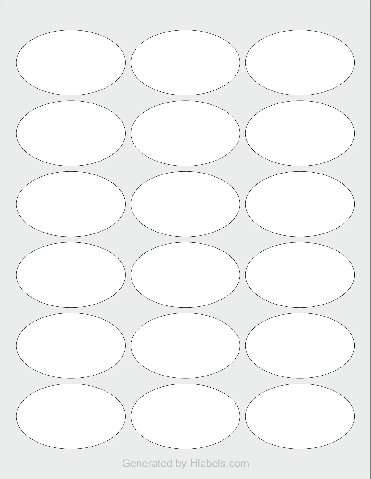 OnlineLabels® OL2684 template with 18 oval 2.5 x 1.5 inch labels per sheet, on Letter-size adhesive blank label sheets.