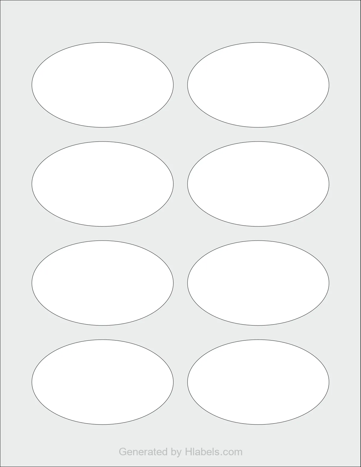 OnlineLabels® OL2685 template with 8 oval 3.3333 x 2 inch labels per sheet, on Letter-size adhesive blank label sheets.
