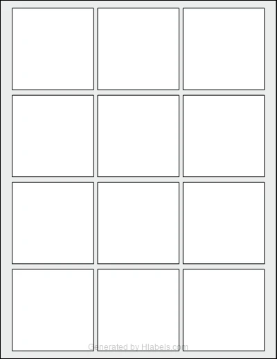 OnlineLabels® OL291 template with 12 square 2.5 x 2.5 inch labels per sheet, on Letter-size adhesive blank label sheets.