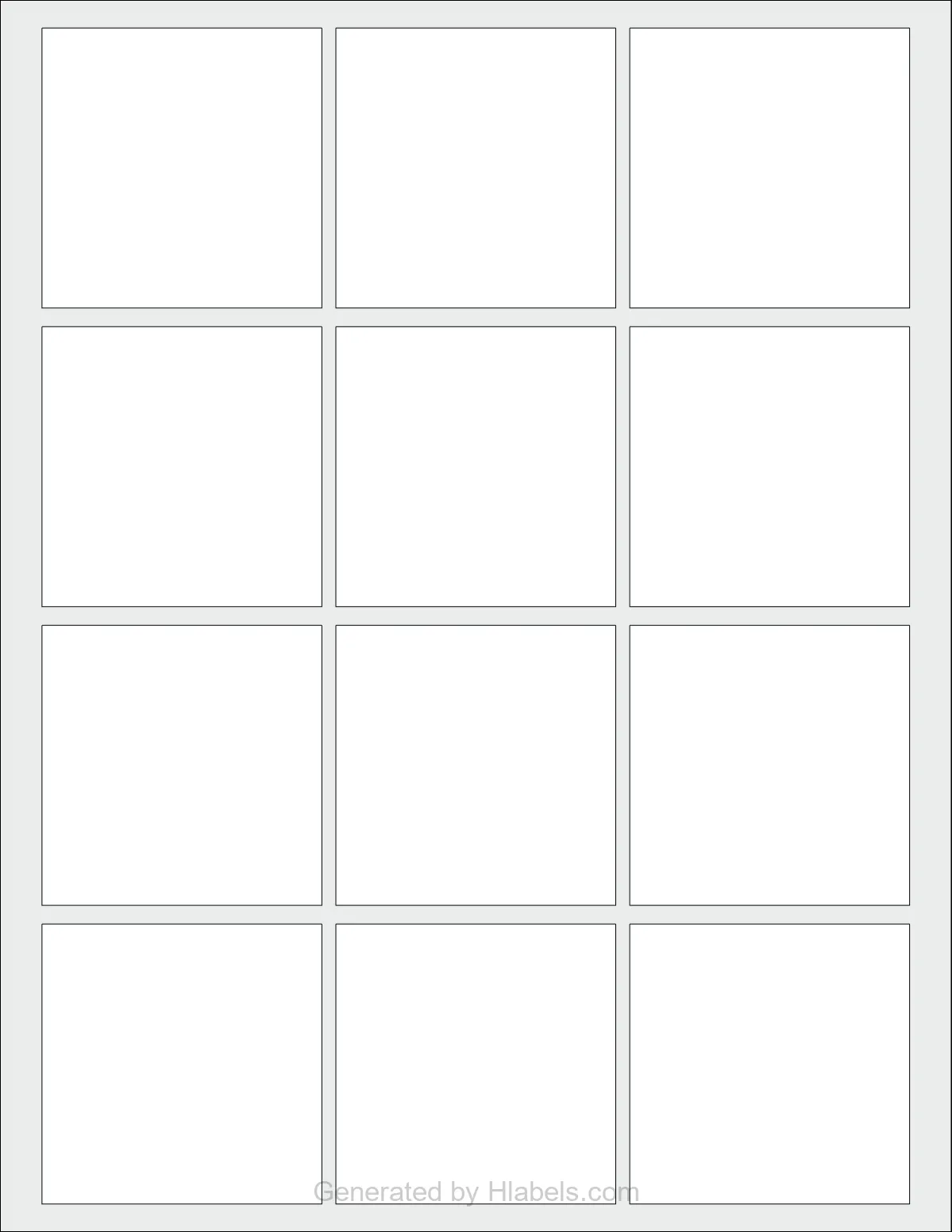 OnlineLabels® OL291 template with 12 square 2.5 x 2.5 inch labels per sheet, on Letter-size adhesive blank label sheets.
