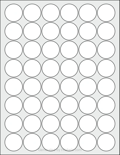 OnlineLabels® OL3012 template with 48 circle labels per sheet, each 1.25 inch in diameter, on Letter-size adhesive blank label sheets.