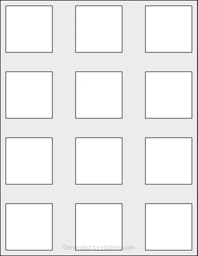 OnlineLabels® OL3016 template with 12 square 2 x 2 inch labels per sheet, on Letter-size adhesive blank label sheets.