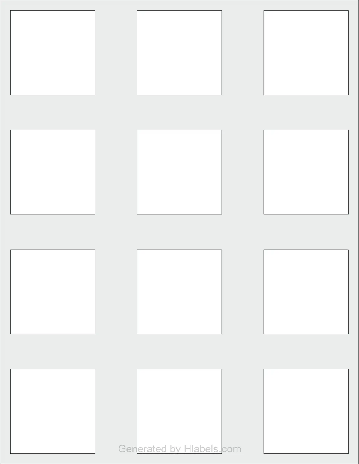 OnlineLabels® OL3016 template with 12 square 2 x 2 inch labels per sheet, on Letter-size adhesive blank label sheets.