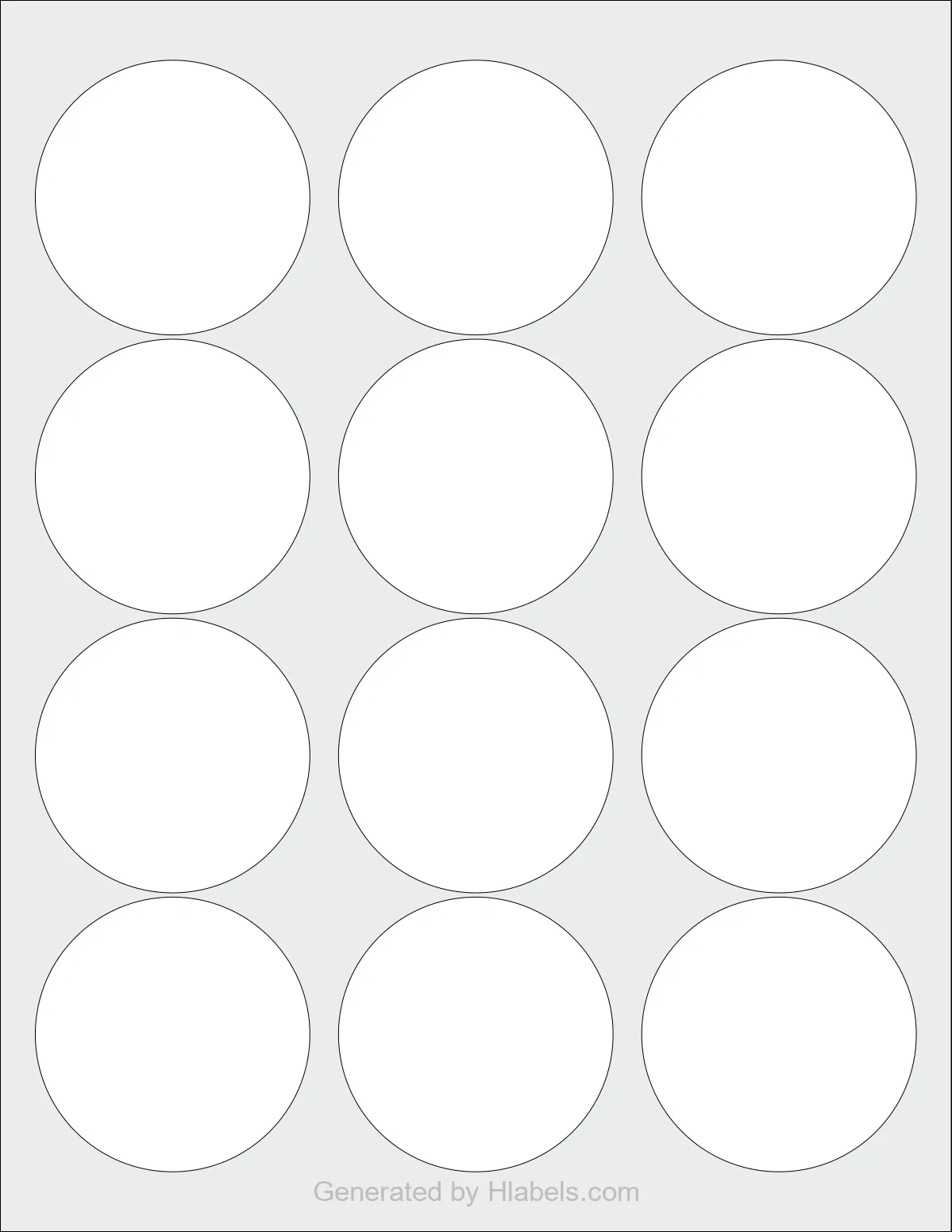 OnlineLabels® OL350 template with 12 circle labels per sheet, each 2.453 inch in diameter, on Letter-size adhesive blank label sheets.