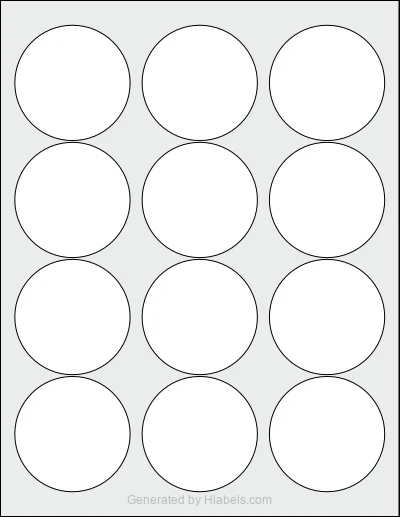 OnlineLabels® OL350WJ template with 12 circle labels per sheet, each 2.453 inch in diameter, on Letter-size adhesive blank label sheets.