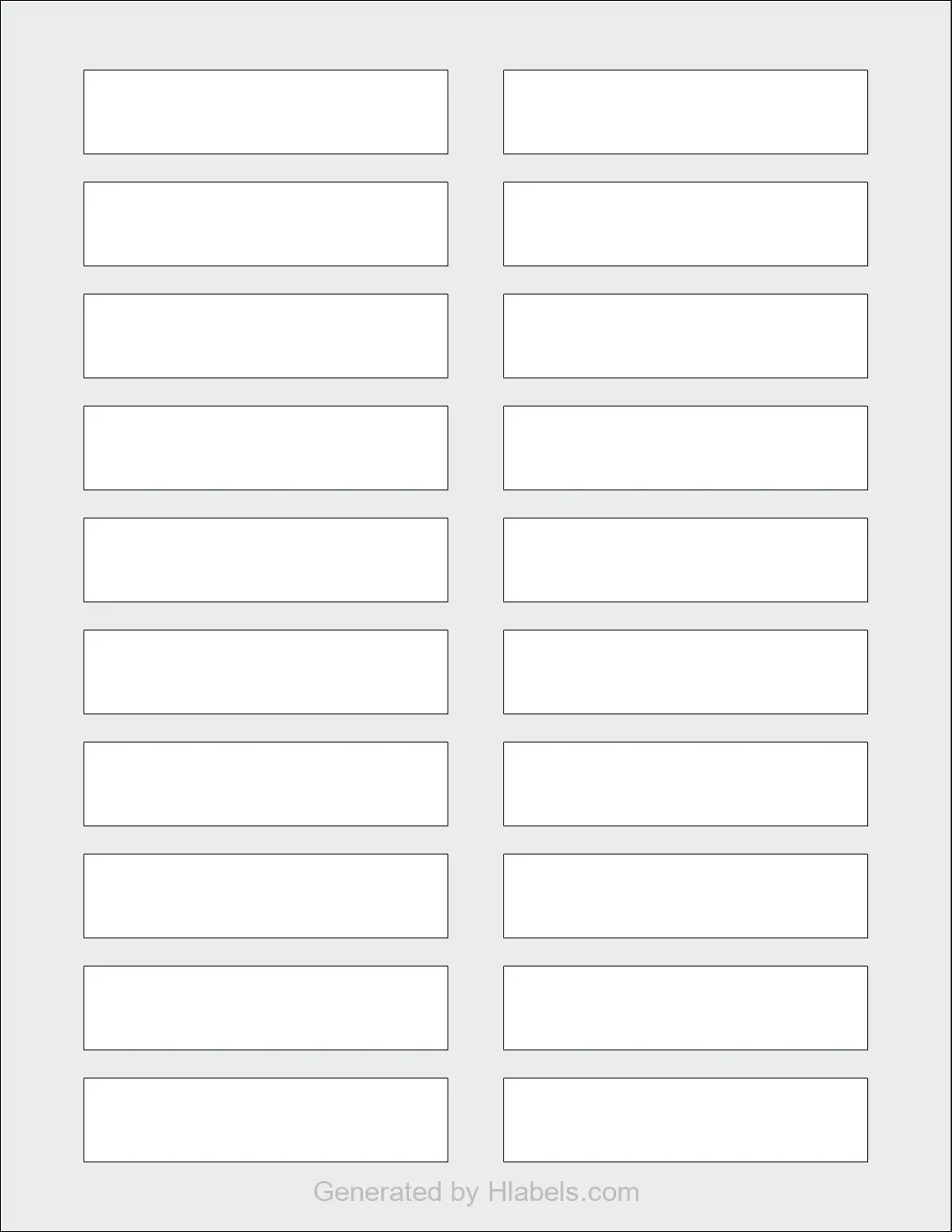 OnlineLabels® OL3636 template with 20 rectangular 3.25 x 0.75 inch labels per sheet, on Letter-size adhesive blank label sheets.