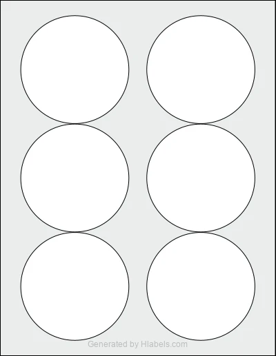 OnlineLabels® OL375 template with 6 circle labels per sheet, each 3.3333 inch in diameter, on Letter-size adhesive blank label sheets.