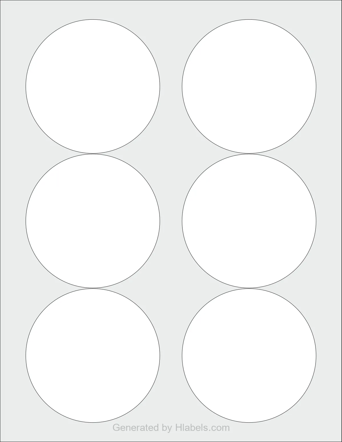 OnlineLabels® OL375 template with 6 circle labels per sheet, each 3.3333 inch in diameter, on Letter-size adhesive blank label sheets.
