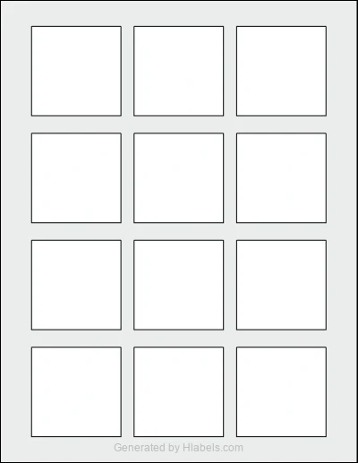 OnlineLabels® OL4603 template with 12 square 2.125 x 2.125 inch labels per sheet, on Letter-size adhesive blank label sheets.