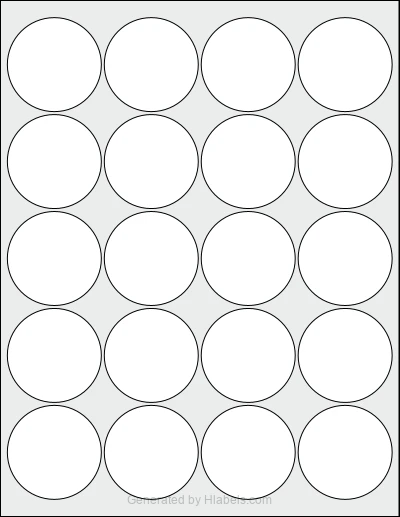 OnlineLabels® OL5375 template with 20 circle labels per sheet, each 2 inch in diameter, on Letter-size adhesive blank label sheets.