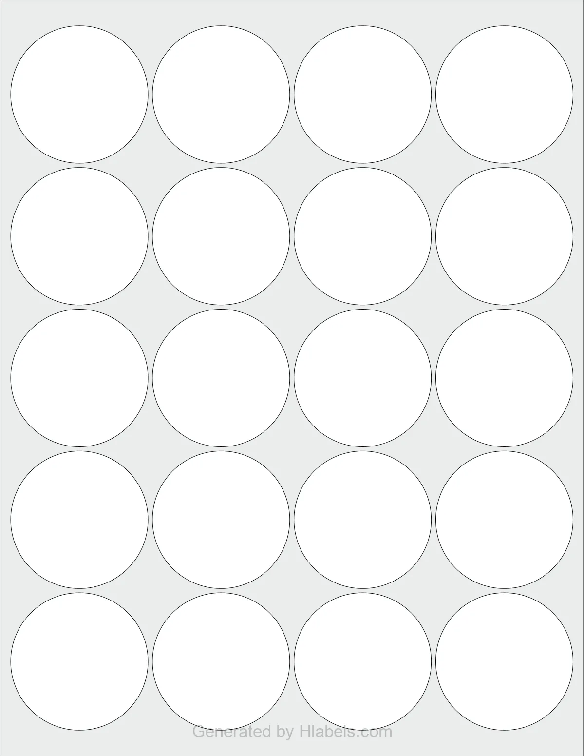 OnlineLabels® OL5375 template with 20 circle labels per sheet, each 2 inch in diameter, on Letter-size adhesive blank label sheets.