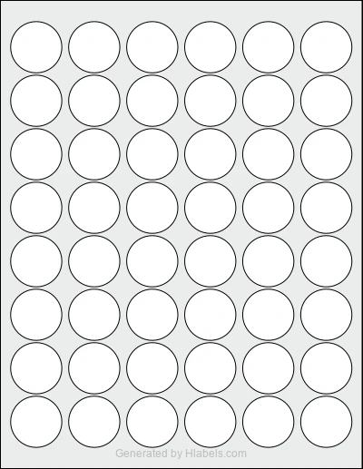 OnlineLabels® OL6000 template with 48 circle labels per sheet, each 1.2 inch in diameter, on Letter-size adhesive blank label sheets.
