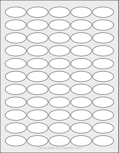 OnlineLabels® OL6025 template with 55 oval 1.5 x 0.75 inch labels per sheet, on Letter-size adhesive blank label sheets.