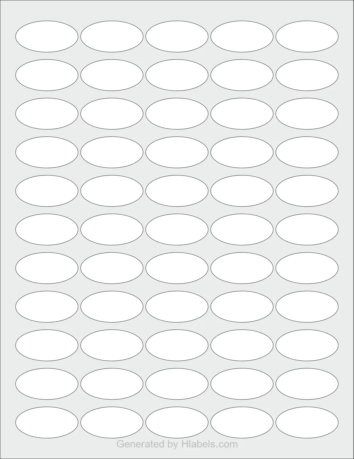 OnlineLabels® OL6025 template with 55 oval 1.5 x 0.75 inch labels per sheet, on Letter-size adhesive blank label sheets.