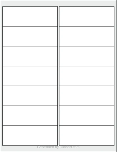 OnlineLabels® OL725 template with 14 rectangular 4 x 1.4375 inch labels per sheet, on Letter-size adhesive blank label sheets.