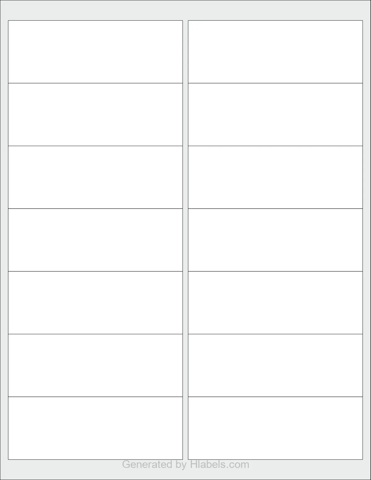 OnlineLabels® OL725 template with 14 rectangular 4 x 1.4375 inch labels per sheet, on Letter-size adhesive blank label sheets.