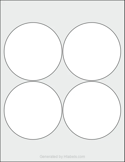 OnlineLabels® OL7425 template with 4 circle labels per sheet, each 3.9375 inch in diameter, on Letter-size adhesive blank label sheets.