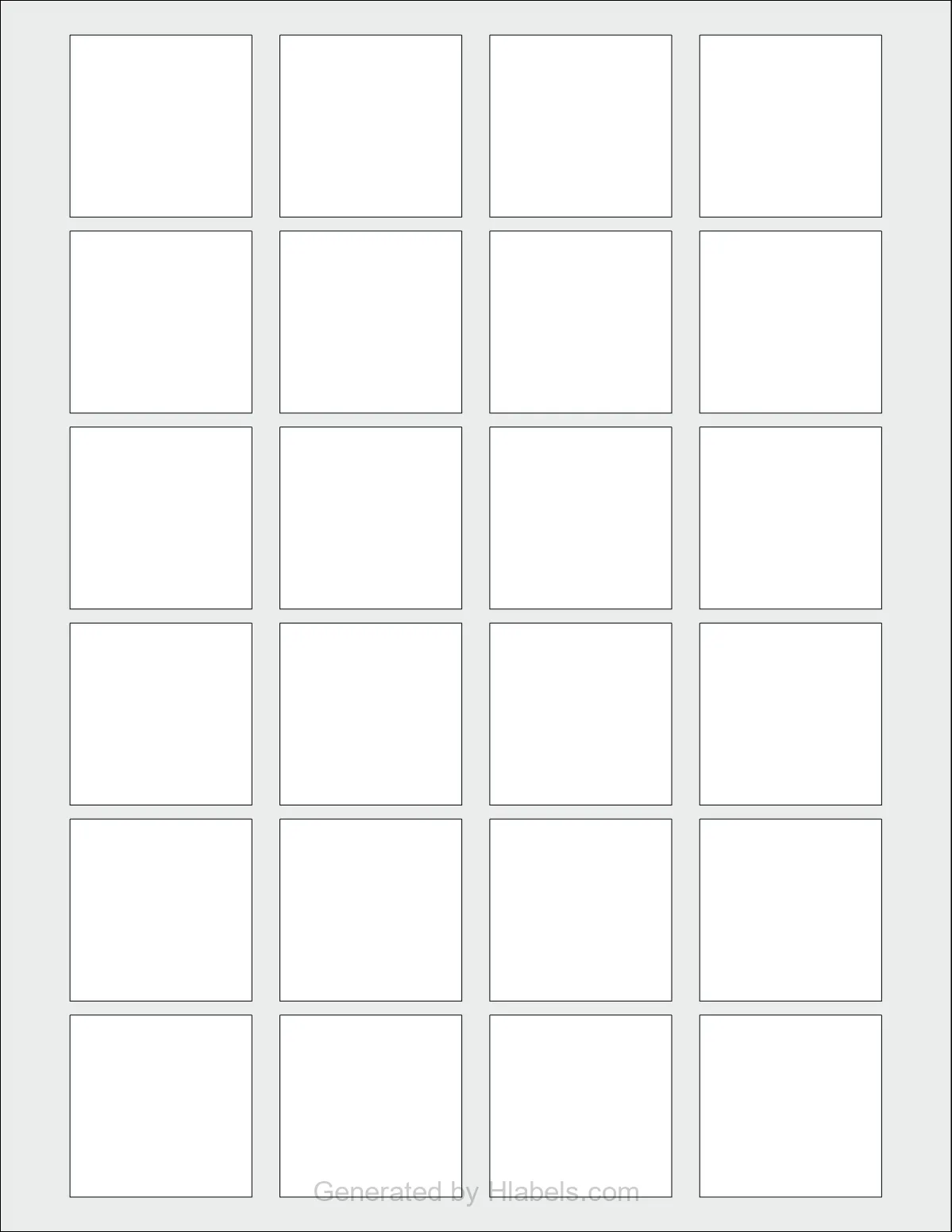 OnlineLabels® OL751 template with 24 square 1.625 x 1.625 inch labels per sheet, on Letter-size adhesive blank label sheets.