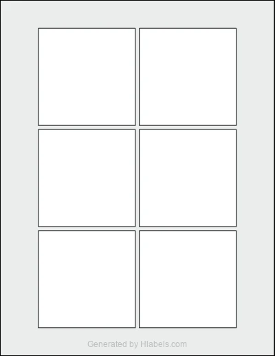 OnlineLabels® OL805 template with 6 square 3 x 3 inch labels per sheet, on Letter-size adhesive blank label sheets.