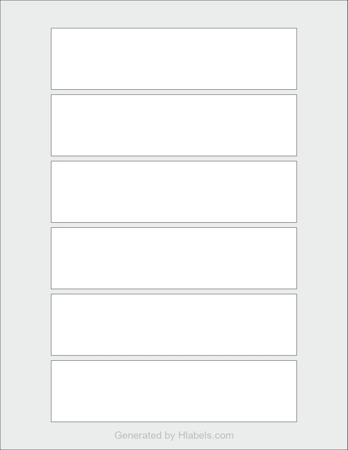 OnlineLabels® OL835 template with 6 rectangular 6 x 1.5 inch labels per sheet, on Letter-size adhesive blank label sheets.