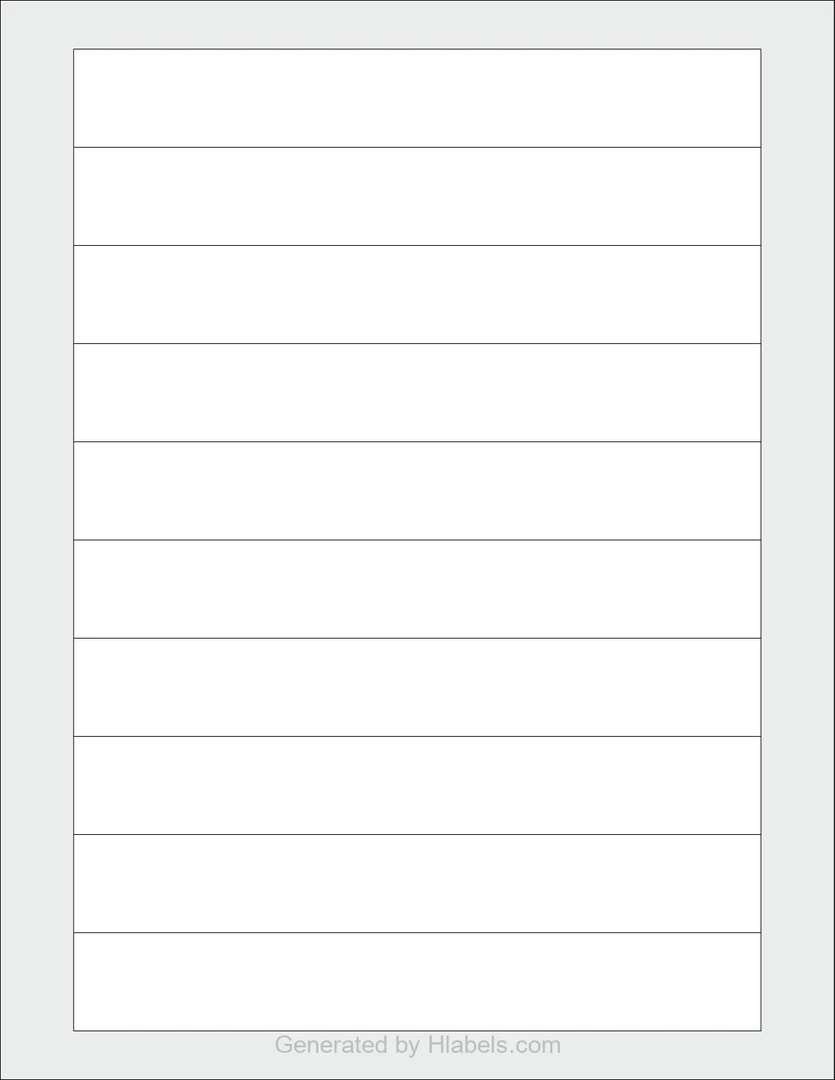 OnlineLabels® OL8500 template with 10 rectangular 7 x 1 inch labels per sheet, on Letter-size adhesive blank label sheets.