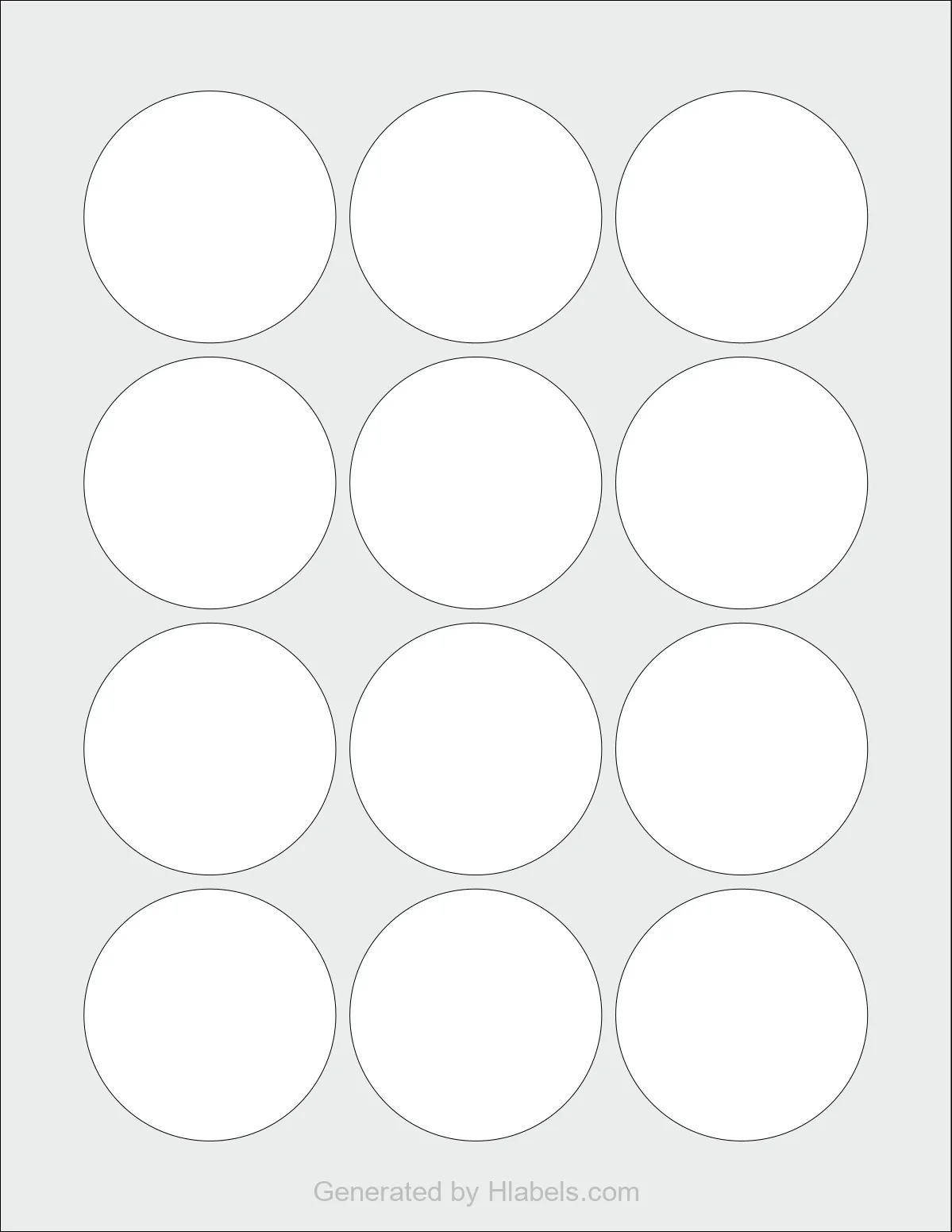 OnlineLabels® OL8750 template with 12 circle labels per sheet, each 2.25 inch in diameter, on Letter-size adhesive blank label sheets.