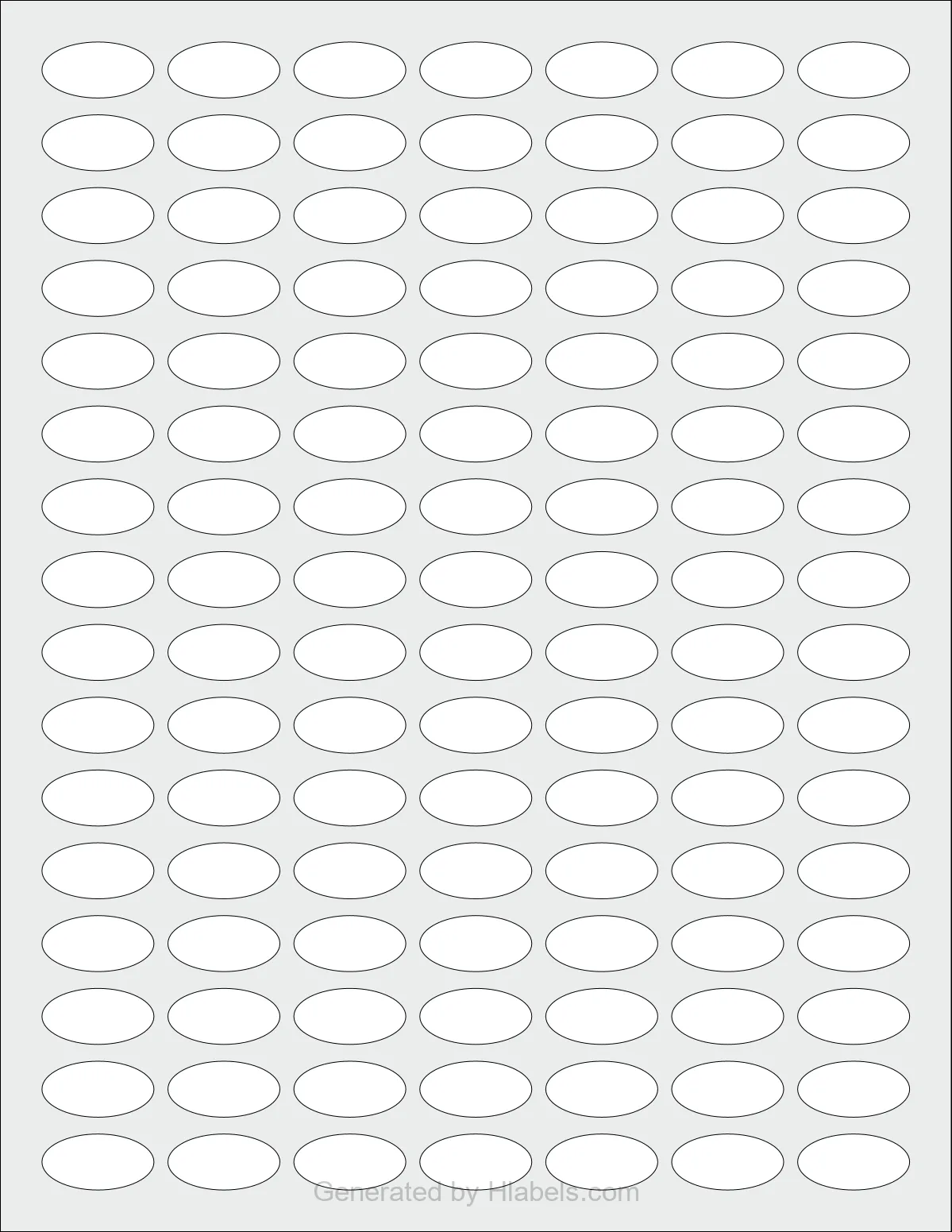 OnlineLabels® OL889 template with 112 oval 1 x 0.5 inch labels per sheet, on Letter-size adhesive blank label sheets.