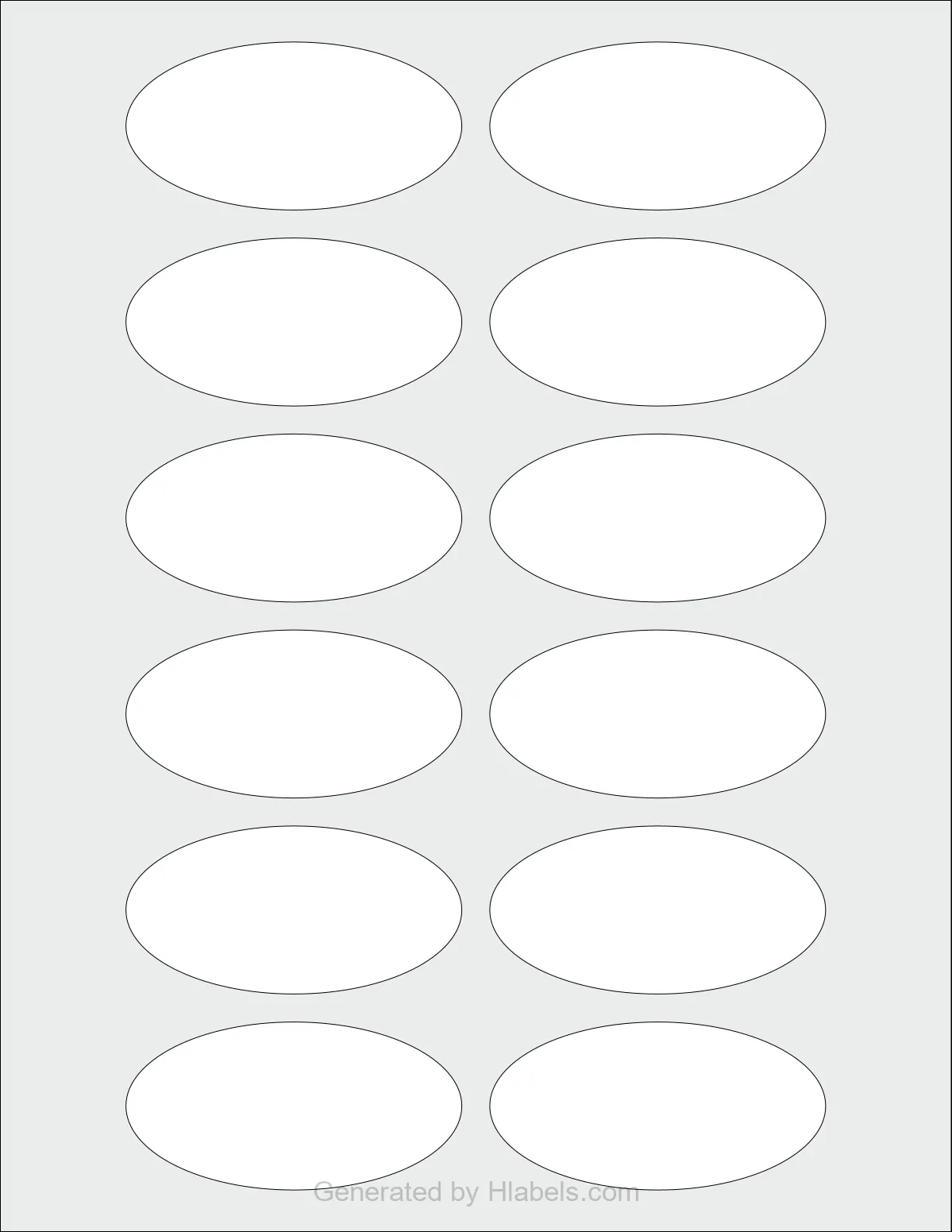 OnlineLabels® OL892 template with 12 oval 3 x 1.5 inch labels per sheet, on Letter-size adhesive blank label sheets.