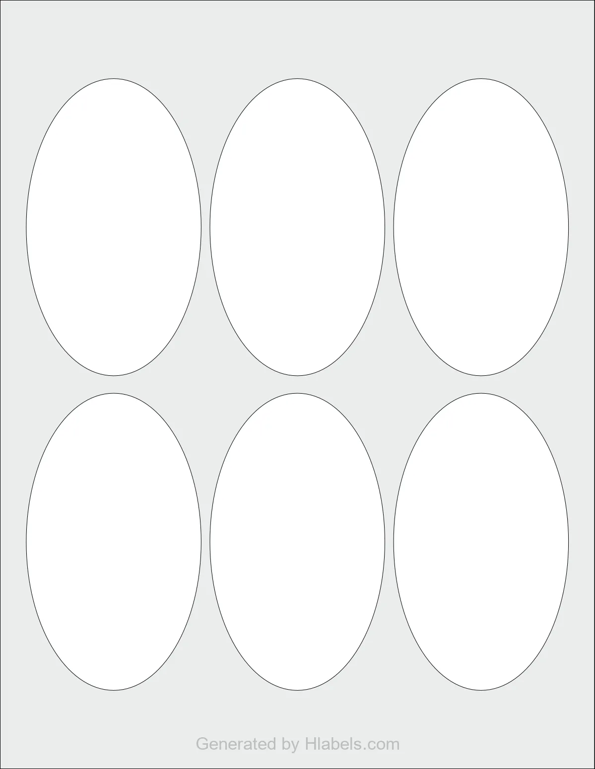 OnlineLabels® OL895 template with 6 oval 2.5 x 4.25 inch labels per sheet, on Letter-size adhesive blank label sheets.