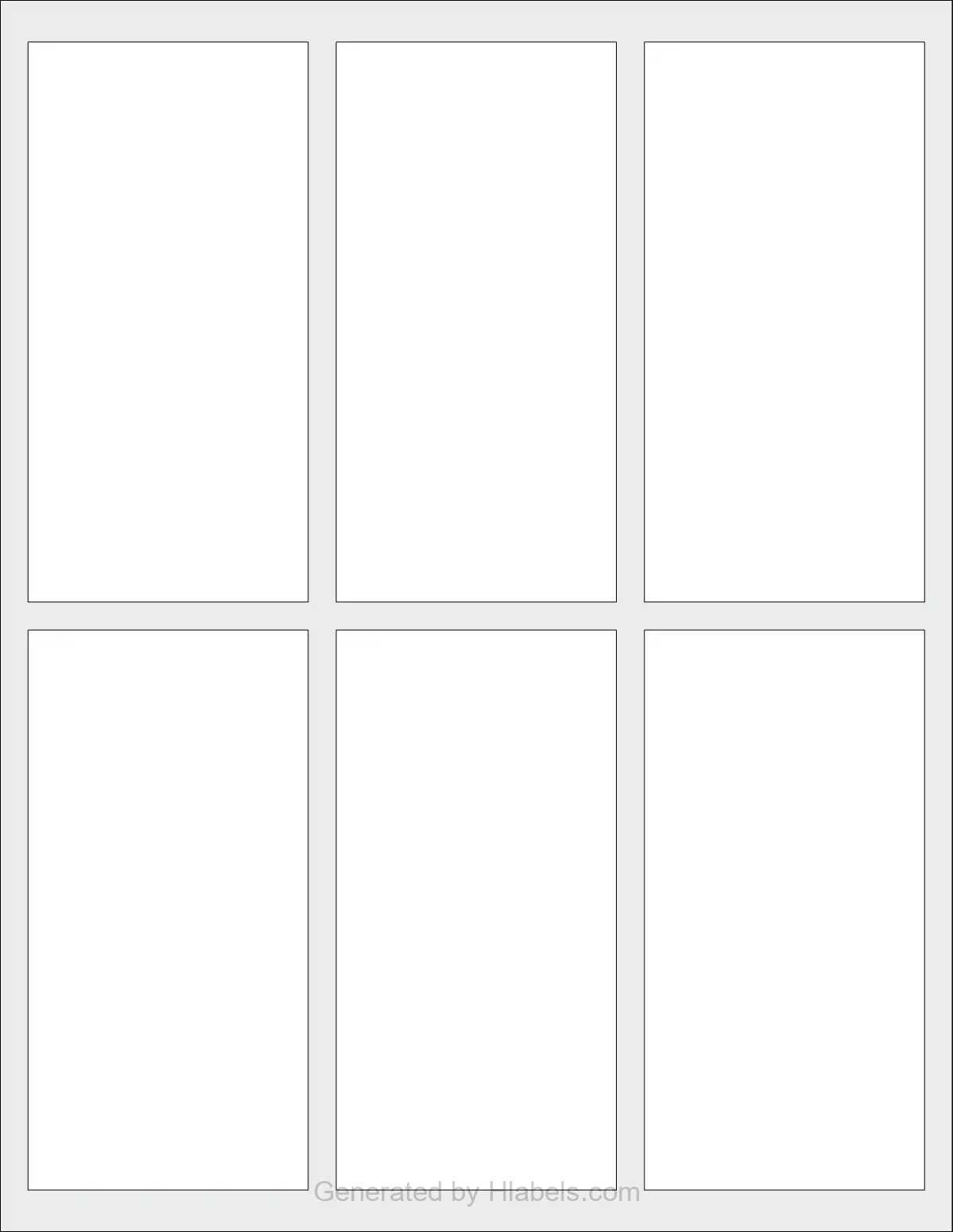 OnlineLabels® OL9350 template with 6 rectangular 2.5 x 5 inch labels per sheet, on Letter-size adhesive blank label sheets.