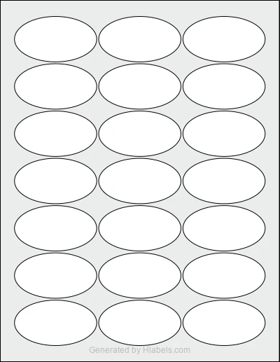 OnlineLabels® OL9830 template with 21 oval 2.5 x 1.38 inch labels per sheet, on Letter-size adhesive blank label sheets.
