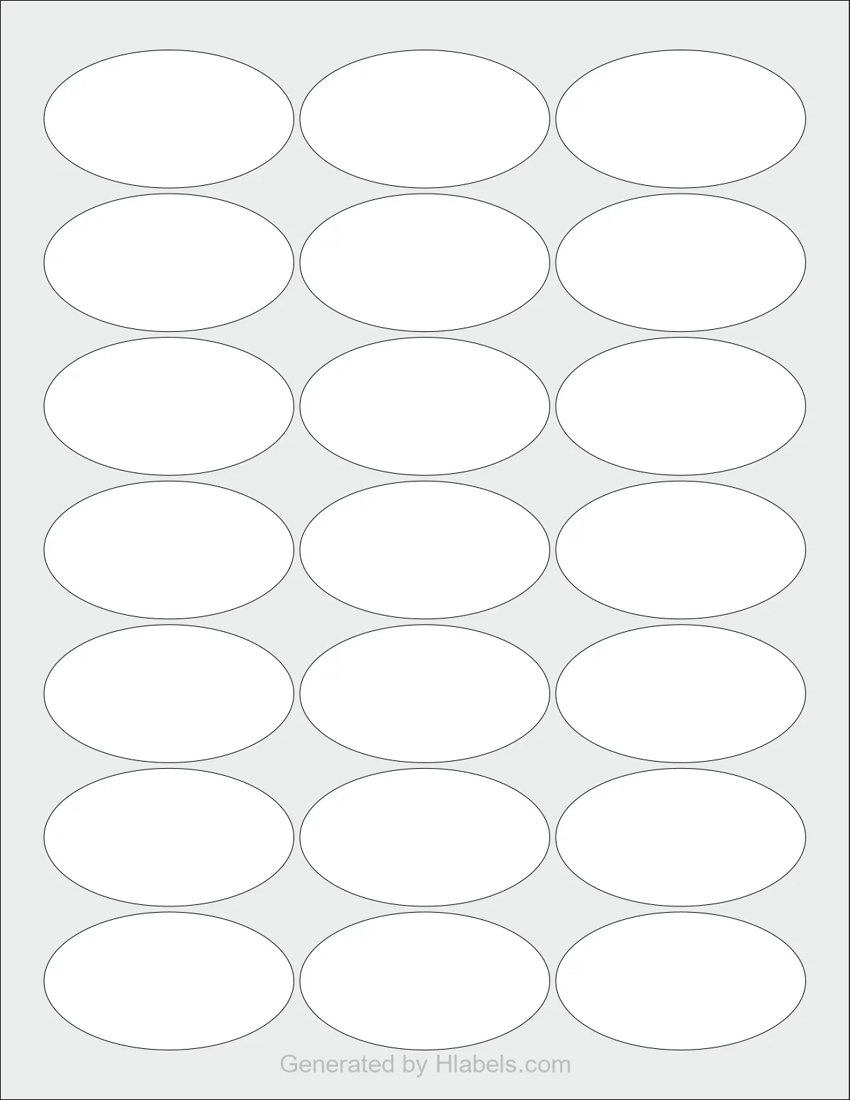 OnlineLabels® OL9830 template with 21 oval 2.5 x 1.38 inch labels per sheet, on Letter-size adhesive blank label sheets.