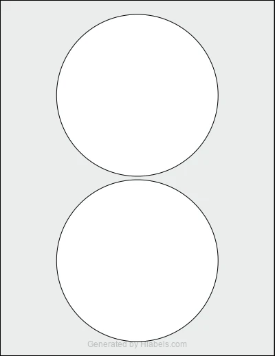 OnlineLabels® OL9950 template with 2 circle labels per sheet, each 5 inch in diameter, on Letter-size adhesive blank label sheets.