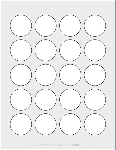 OnlineLabels® OL9990 template with 20 circle labels per sheet, each 1.57 inch in diameter, on Letter-size adhesive blank label sheets.