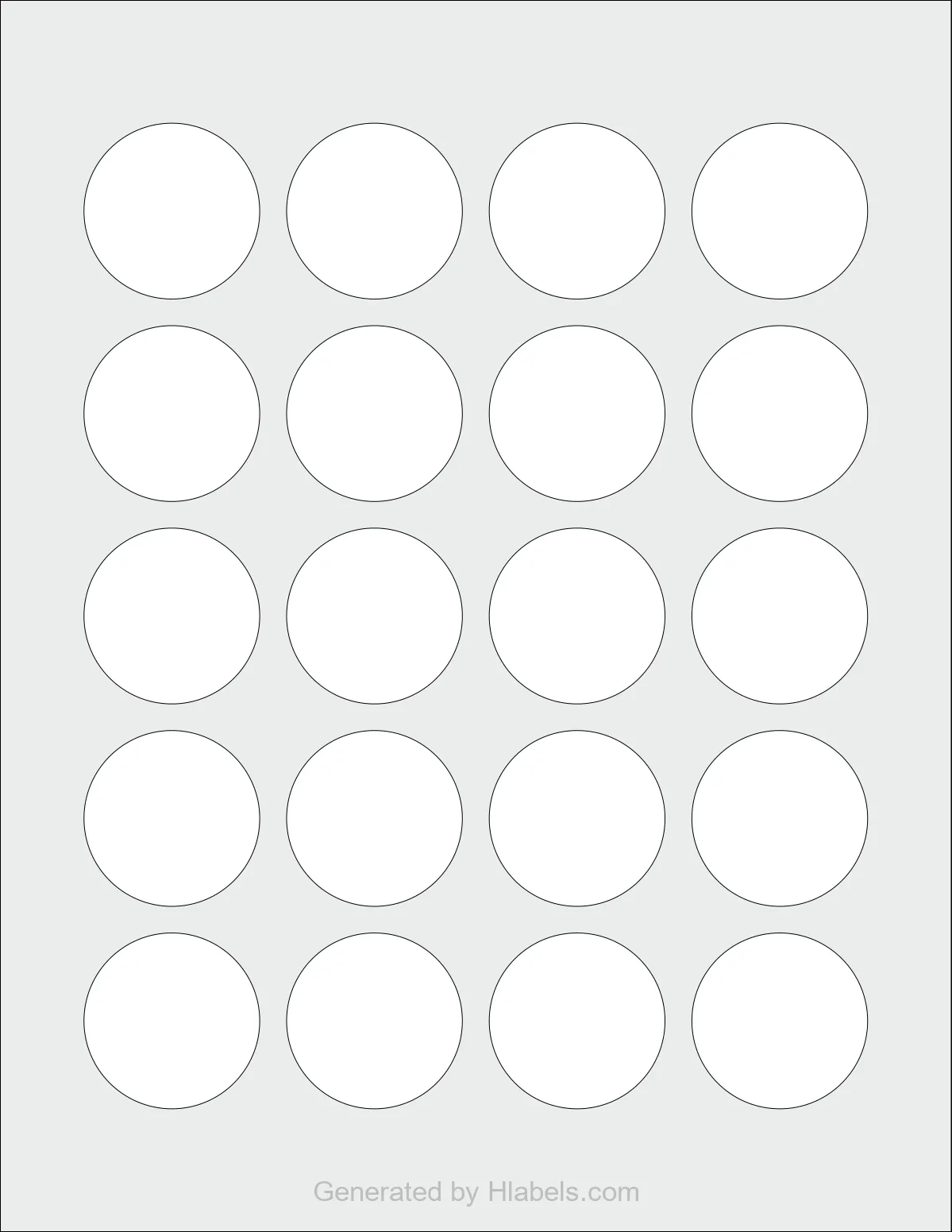 OnlineLabels® OL9990 template with 20 circle labels per sheet, each 1.57 inch in diameter, on Letter-size adhesive blank label sheets.