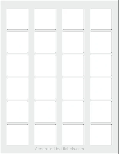PonyPackaging® HB-S024 template with 24 square 1.5 x 1.5 inch labels per sheet, on Letter-size adhesive blank label sheets.