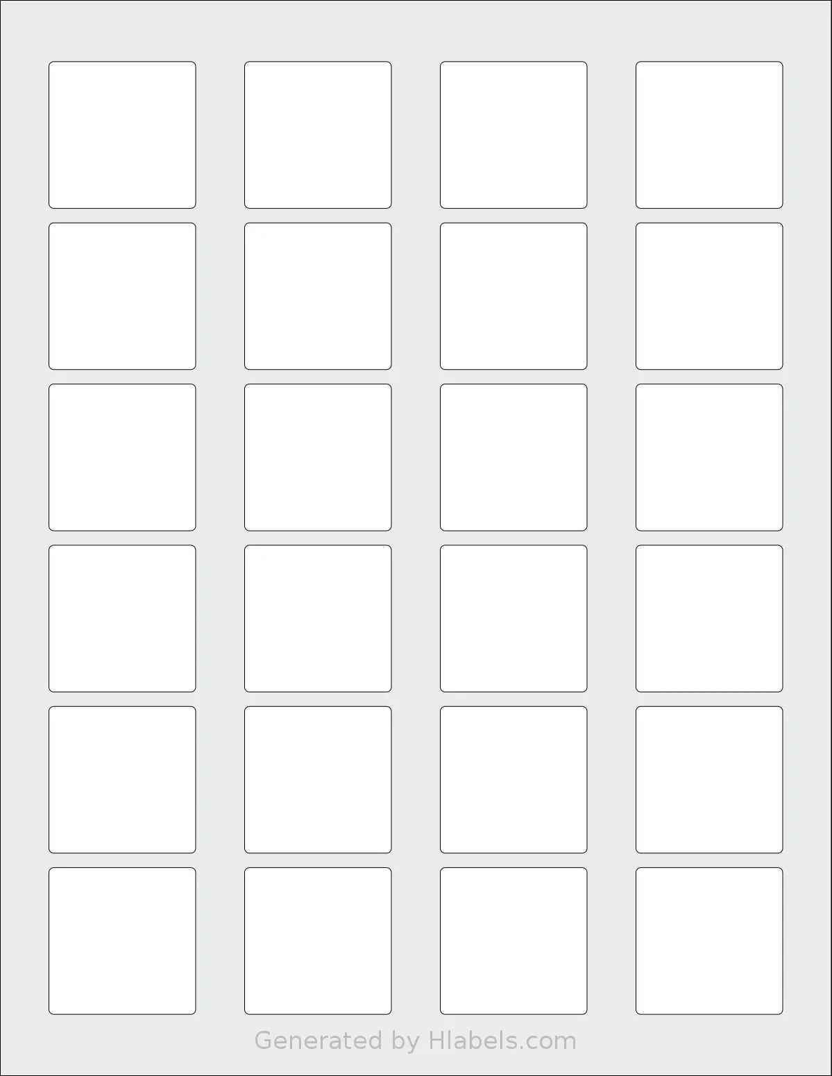 PonyPackaging® HB-S024 template with 24 square 1.5 x 1.5 inch labels per sheet, on Letter-size adhesive blank label sheets.