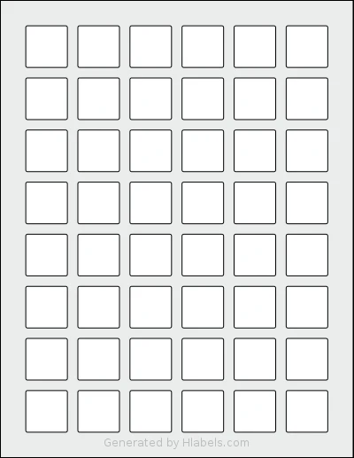 PonyPackaging® HB-S048 template with 48 square 1 x 1 inch labels per sheet, on Letter-size adhesive blank label sheets.