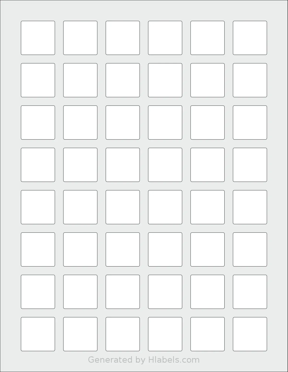 PonyPackaging® HB-S048 template with 48 square 1 x 1 inch labels per sheet, on Letter-size adhesive blank label sheets.