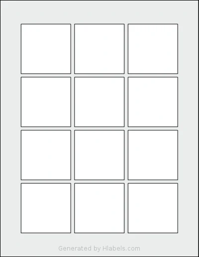 Premium® PLS225 template with 12 square 2.125 x 2.125 inch labels per sheet, on Letter-size adhesive blank label sheets.