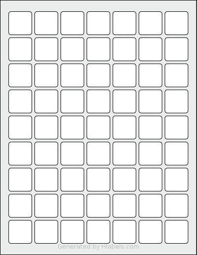 Premium® PLS601 template with 63 square 1 x 1 inch labels per sheet, on Letter-size adhesive blank label sheets.