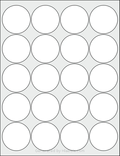 Premium® PLS774 template with 20 circle labels per sheet, each 2 inch in diameter, on Letter-size adhesive blank label sheets.