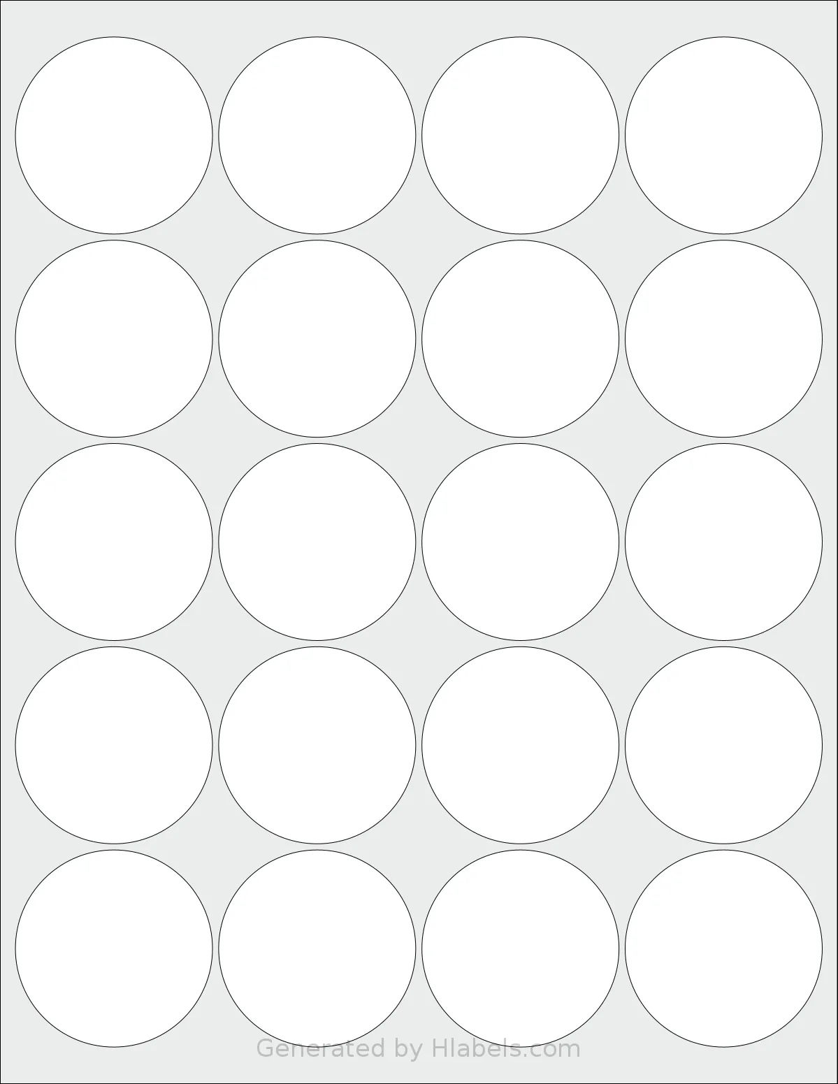 Premium® PLS774 template with 20 circle labels per sheet, each 2 inch in diameter, on Letter-size adhesive blank label sheets.
