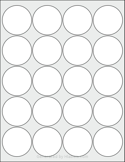 RoyalGreenMarket® RGM-20C template with 20 circle labels per sheet, each 2 inch in diameter, on Letter-size adhesive blank label sheets.