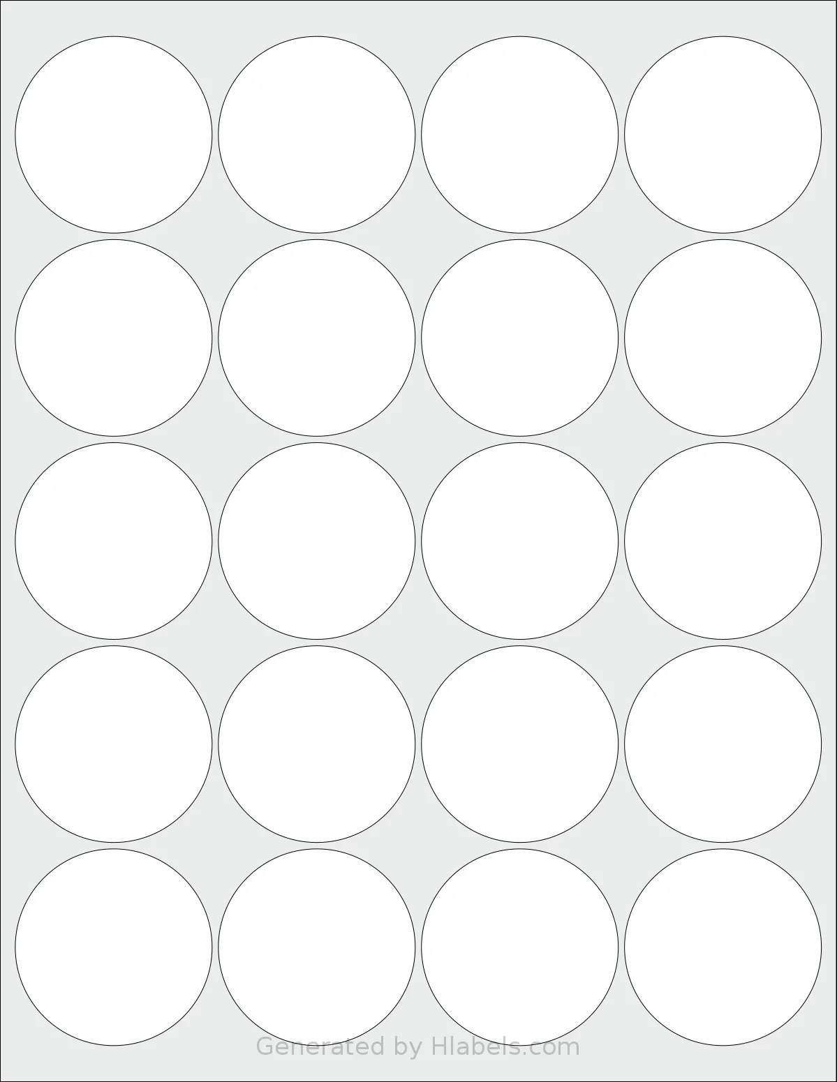 RoyalGreenMarket® RGM-20C template with 20 circle labels per sheet, each 2 inch in diameter, on Letter-size adhesive blank label sheets.