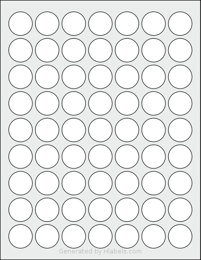 RoyalGreenMarket® RGM-63C template with 63 circle labels per sheet, each 1 inch in diameter, on Letter-size adhesive blank label sheets.