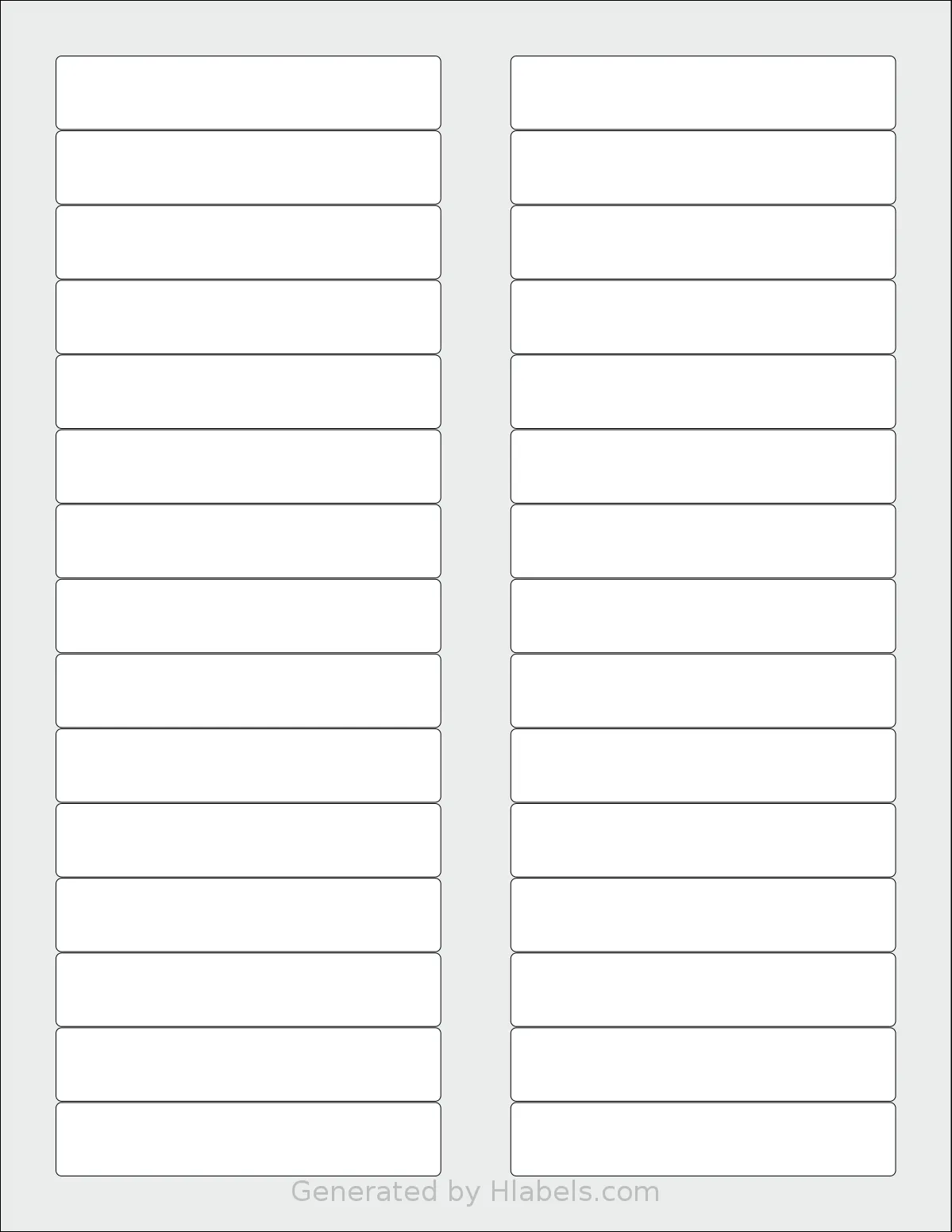 SheetLabels® SL109 template with 30 rectangular 3.4375 x 0.6562 inch labels per sheet, on Letter-size adhesive blank label sheets.